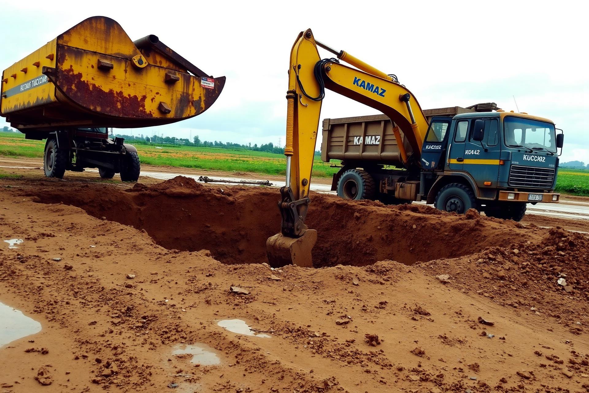 Excavator săpând cotlovan la apus pe șantierul Individual Construct